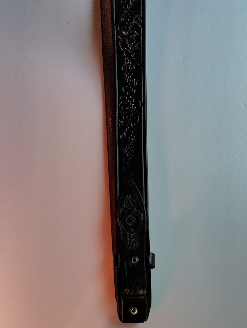 Women's Size L Unique Tooled Embossed Black Leather Belt No Buckle Unbranded WM